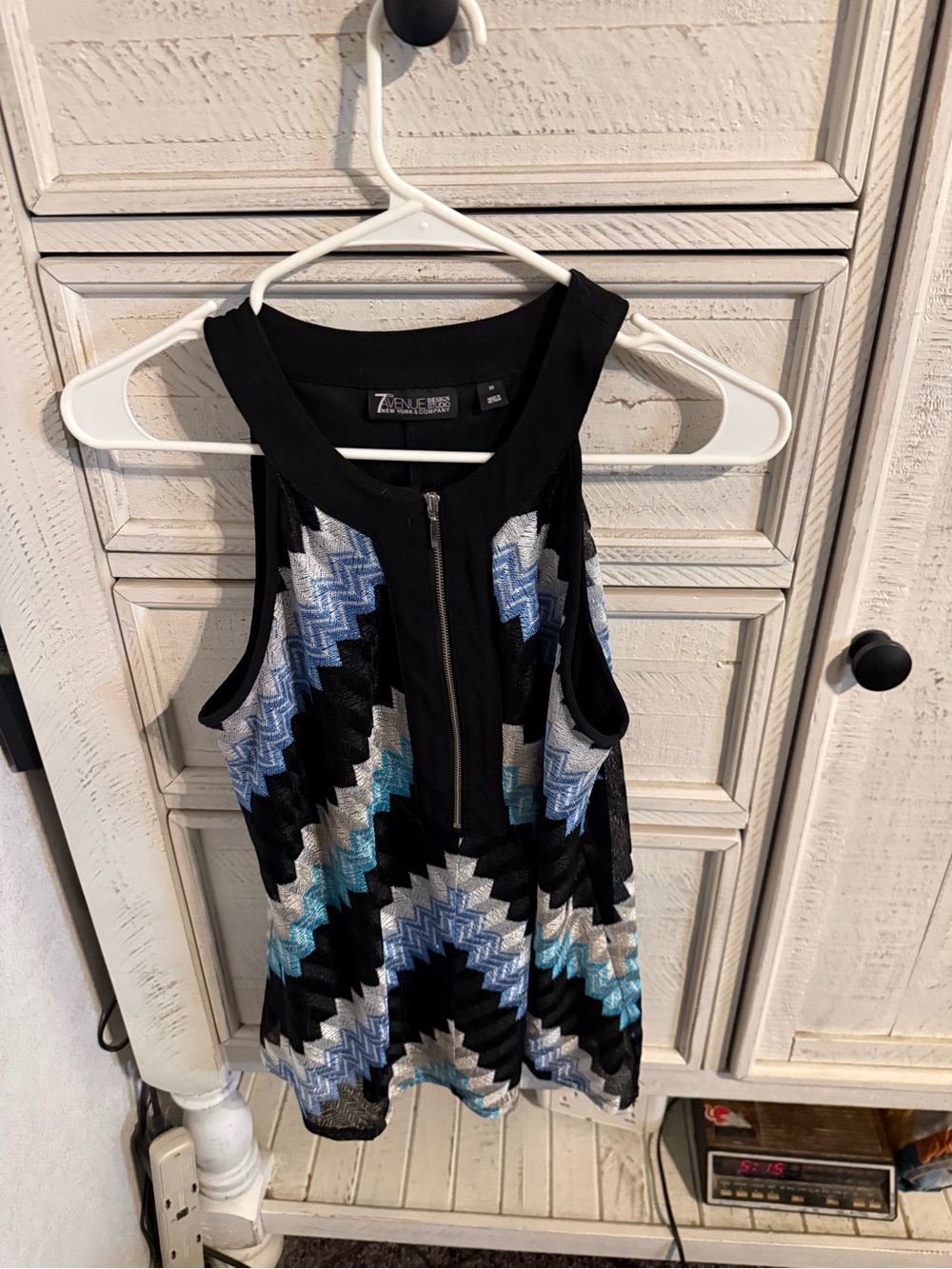 New York & Company Black Zigzag Chevron Tank with Blue and Silver Accents